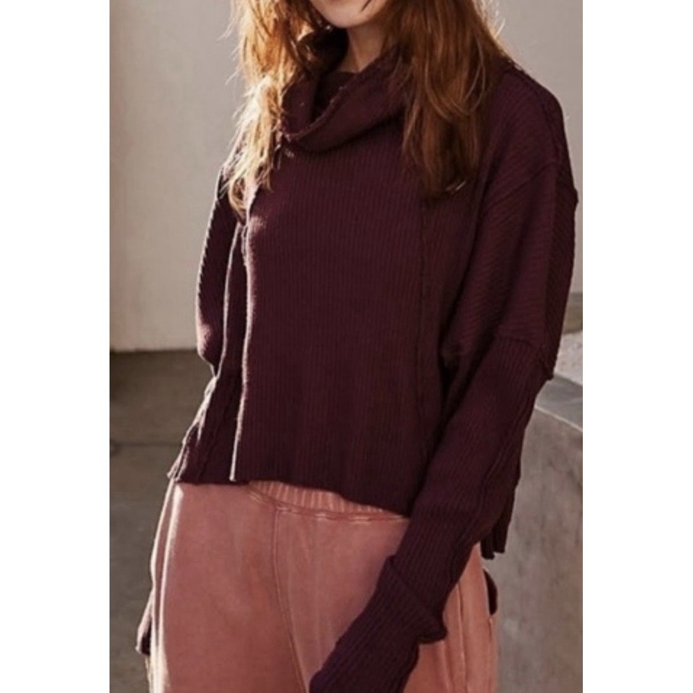 NWT Free People Juicy Thermal Cowl Neck Top Burgundy Long Sleeve Boho‎ Women's M
